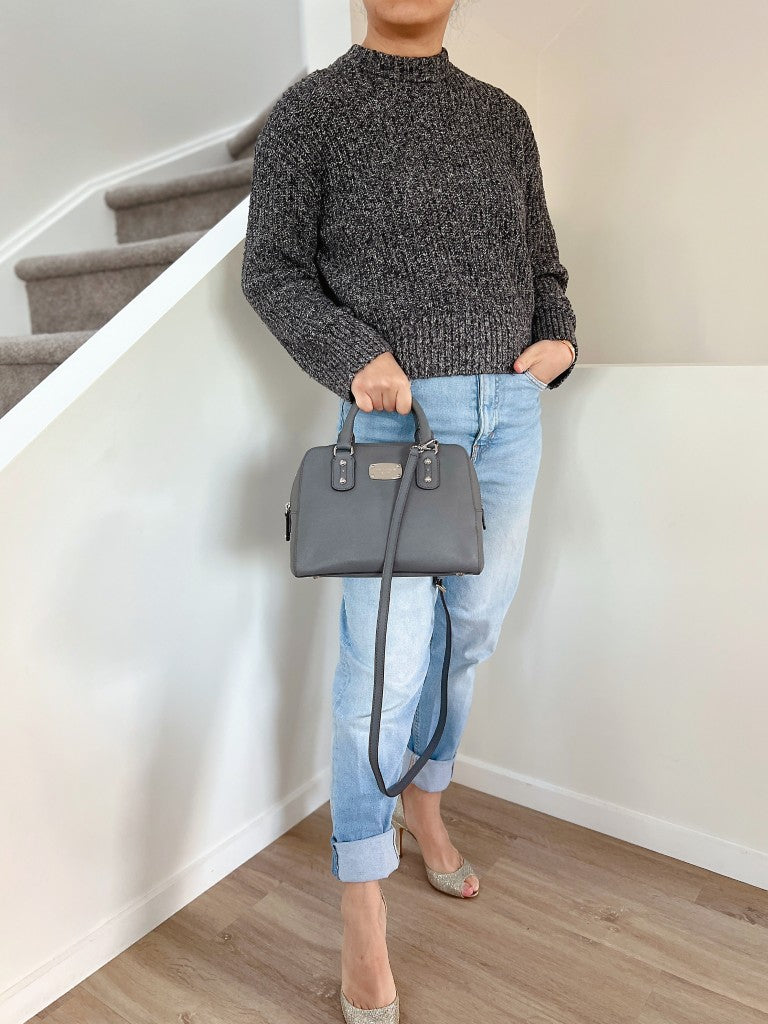 Michael Kors Grey Leather MK Charm Boston Shoulder Bag Excellent