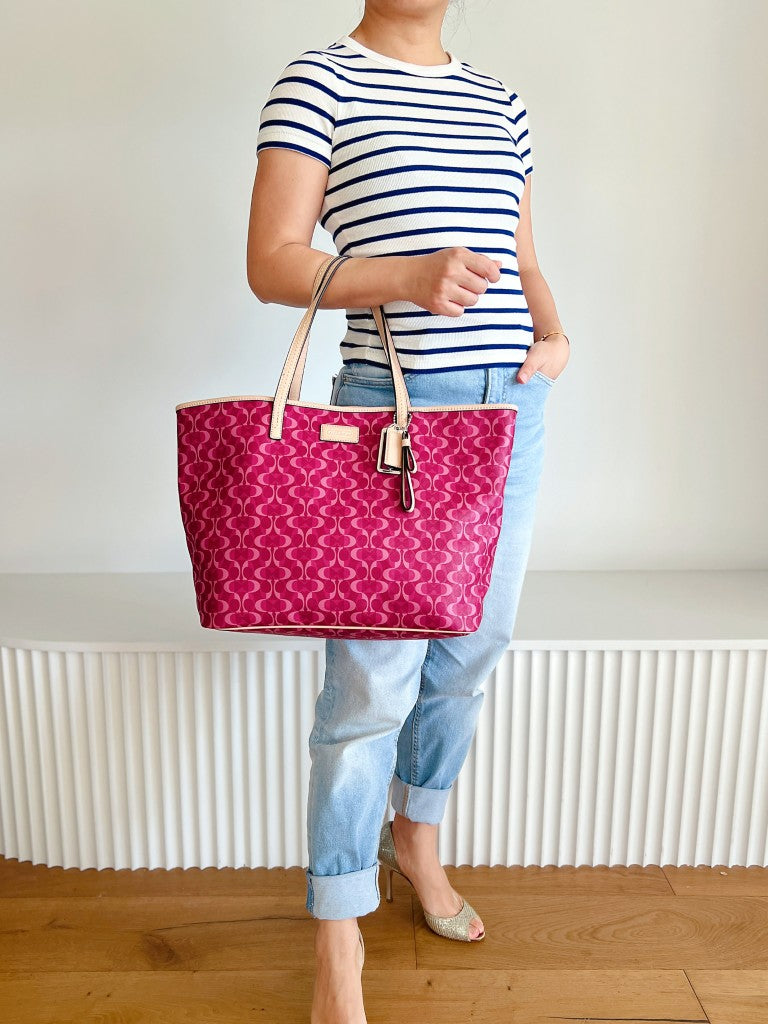 Coach Beige Leather Monogram Carryall Large Shoulder Bag Excellent