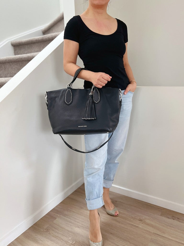 Michael Kors Black Leather Tassel Charm Large 2 Way Shoulder Bag Like New