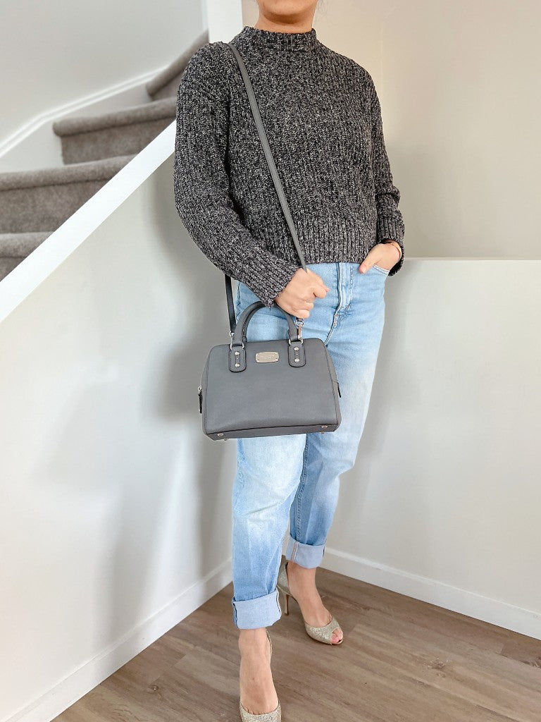Michael Kors Grey Leather MK Charm Boston Shoulder Bag Excellent