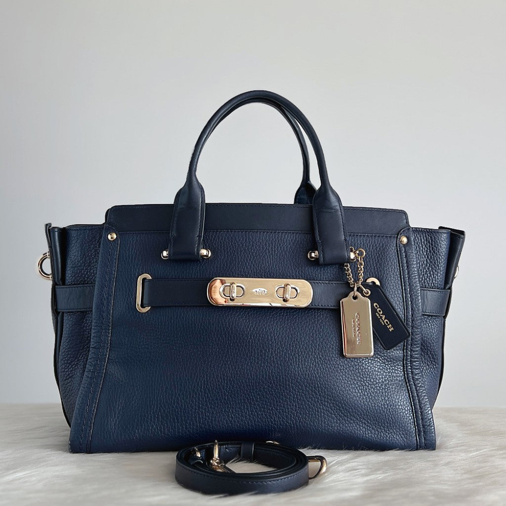 Coach Navy Leather Double Turn Lock Detail 2 Way Shoulder Bag Excellent