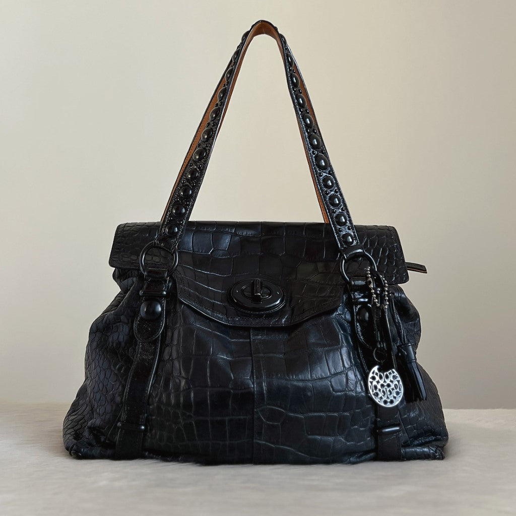 Coach Black Crocodile Print Leather Turn Lock Shoulder Bag