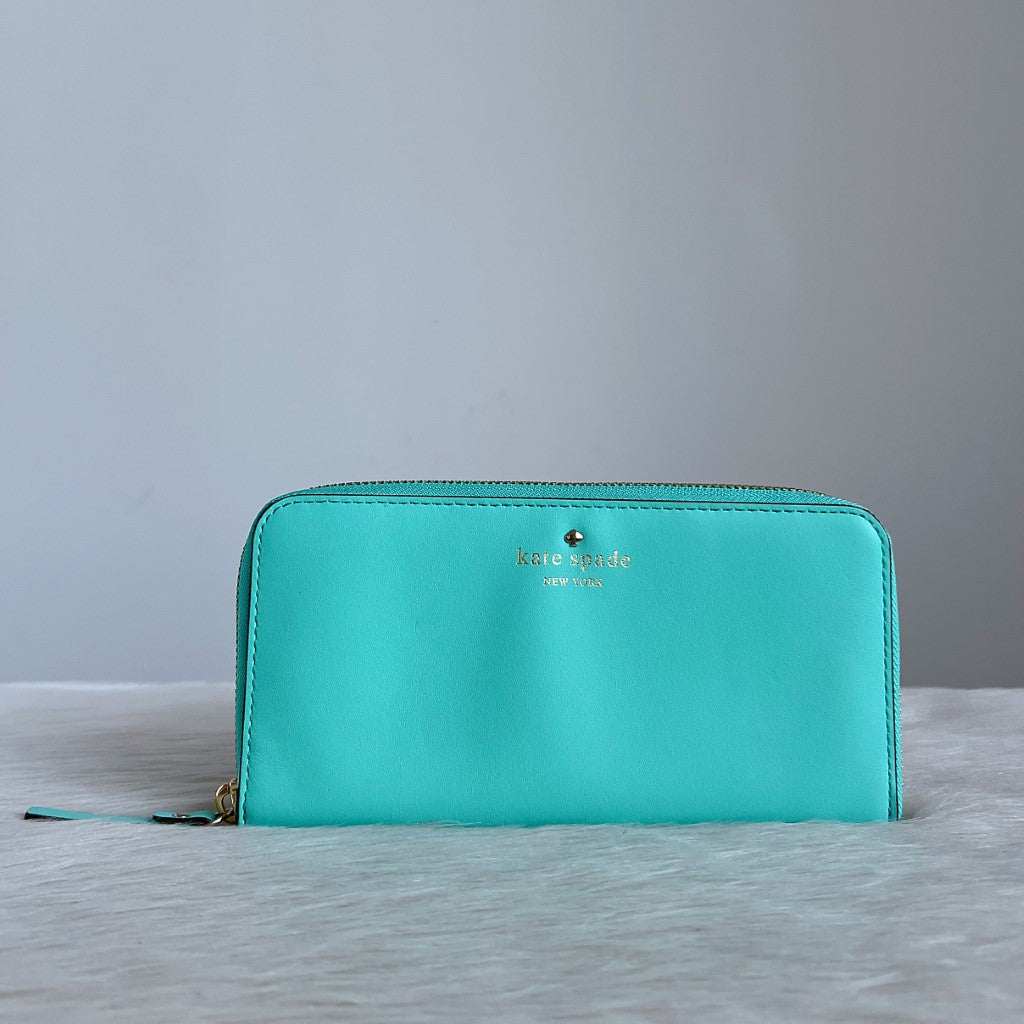 Kate Spade Teal Leather Front Logo Zip Around Continental Long Wallet Excellent