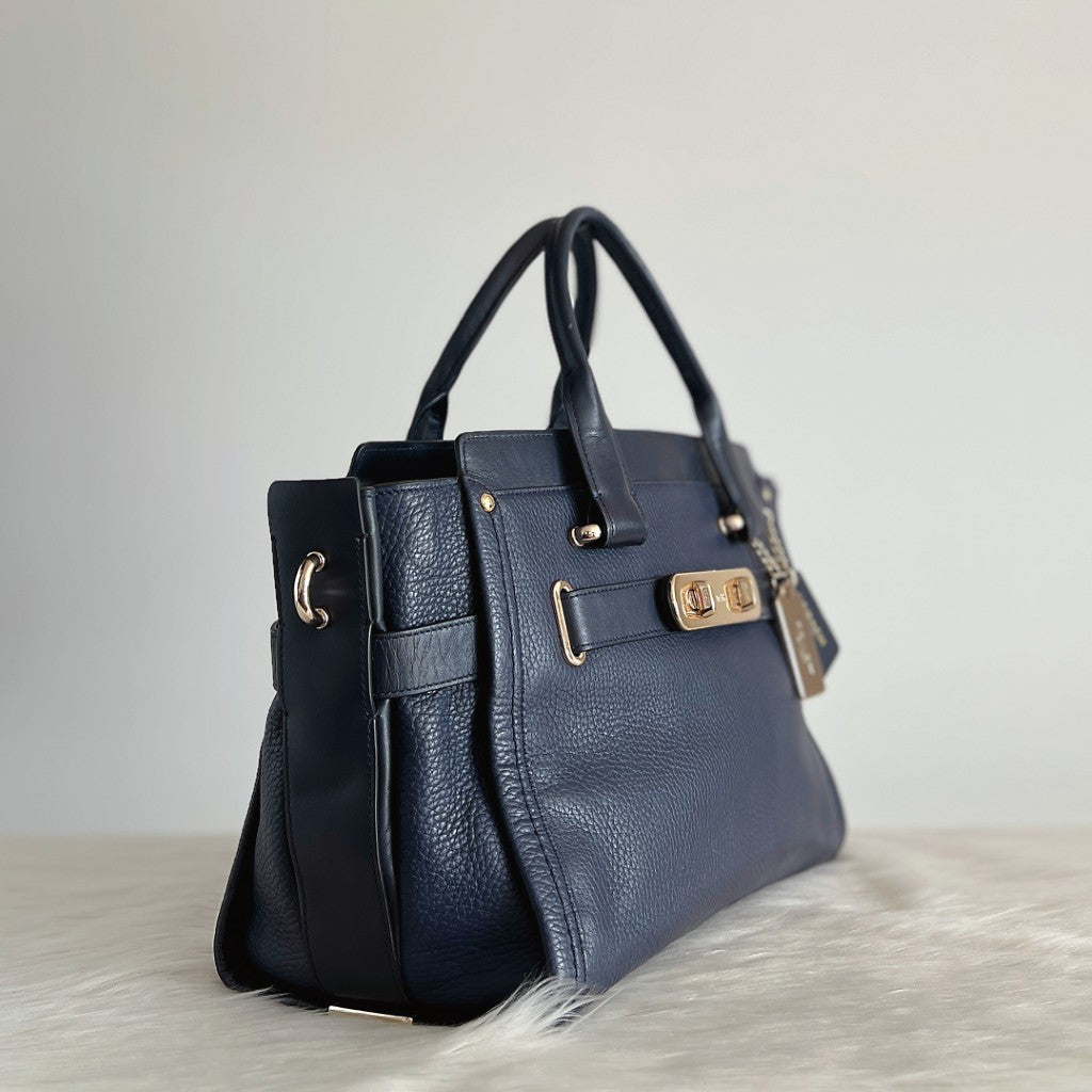 Coach Navy Leather Double Turn Lock Detail 2 Way Shoulder Bag Excellent
