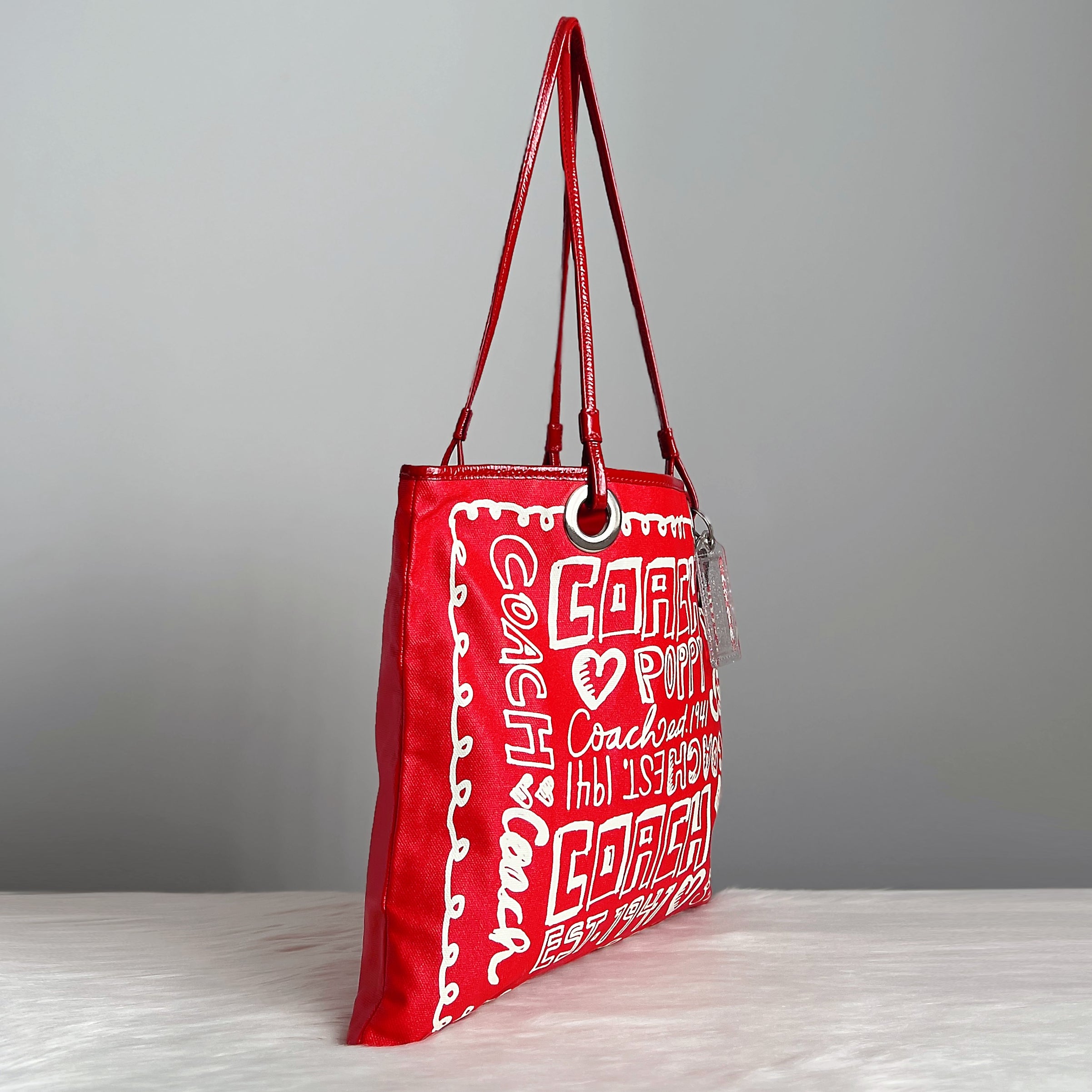 Coach Red Leather Trim Front Pattern Carryall Shoulder Bag Like New