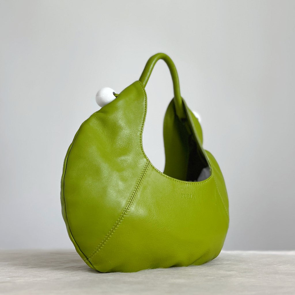 Furla Green Leather Bead Detail Half Moon Shoulder Bag