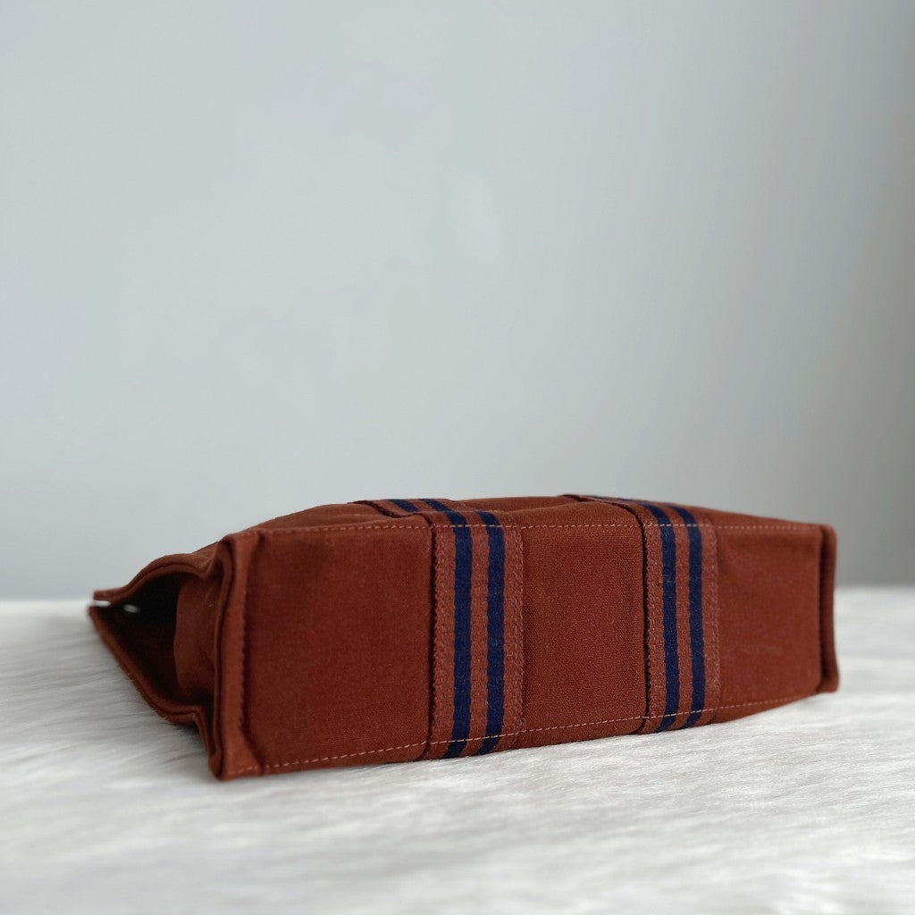Hermes Brown Signature Stripe Detail Canvas Tote Bag Excellent