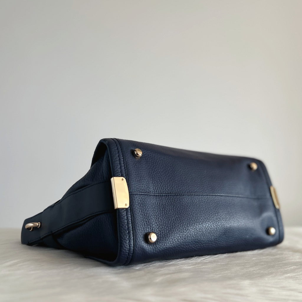 Coach Navy Leather Double Turn Lock Detail 2 Way Shoulder Bag Excellent