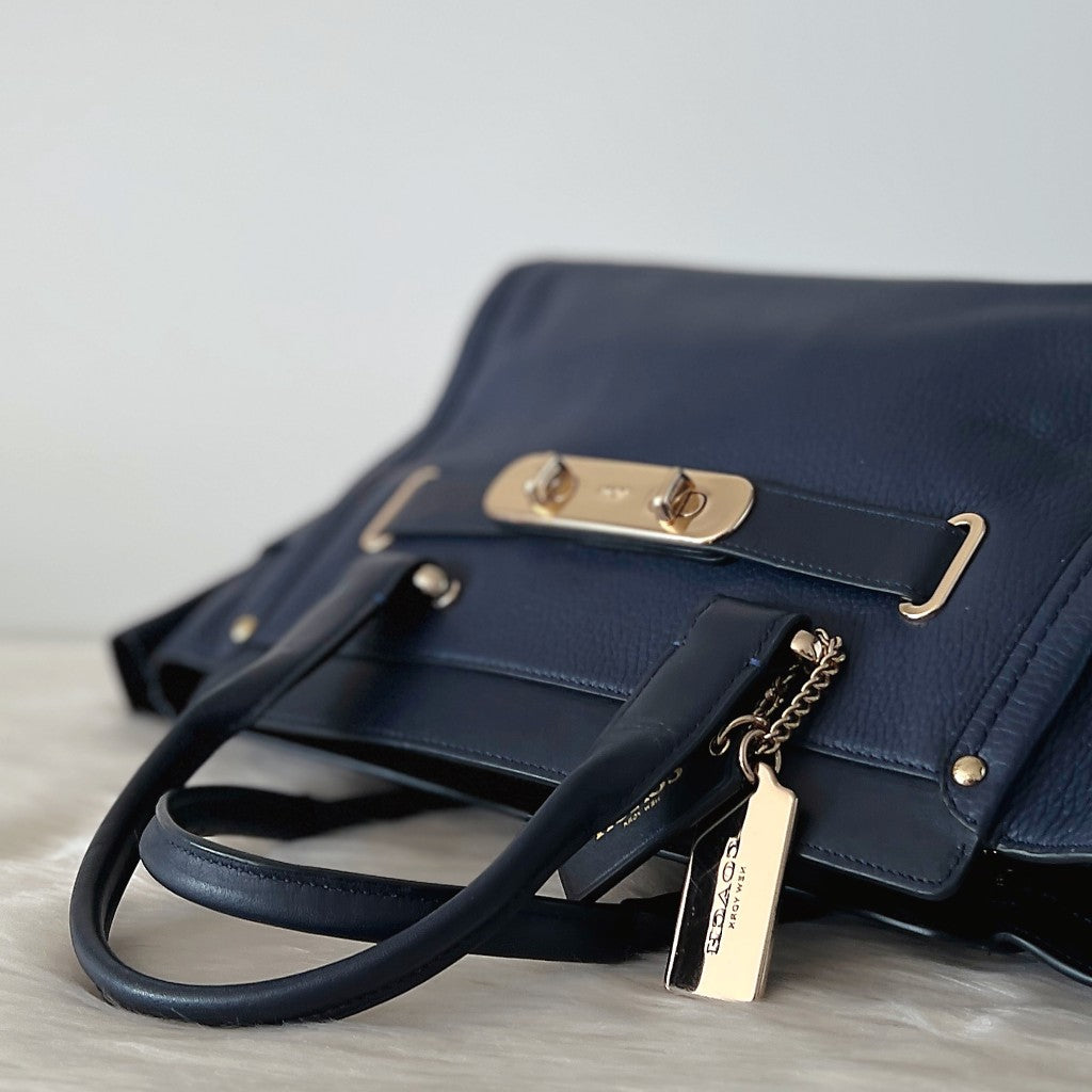 Coach Navy Leather Double Turn Lock Detail 2 Way Shoulder Bag Excellent