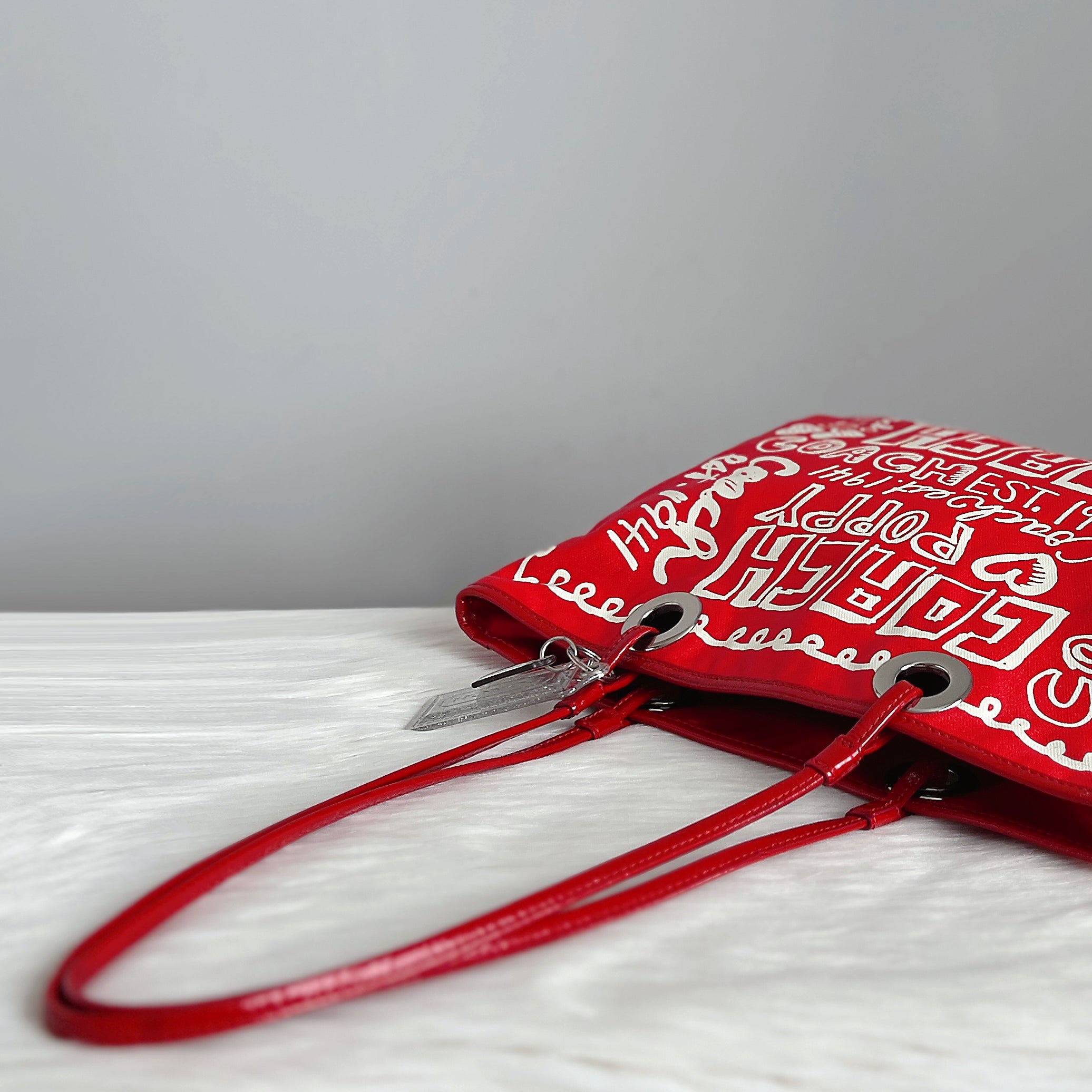 Coach Red Leather Trim Front Pattern Carryall Shoulder Bag Like New