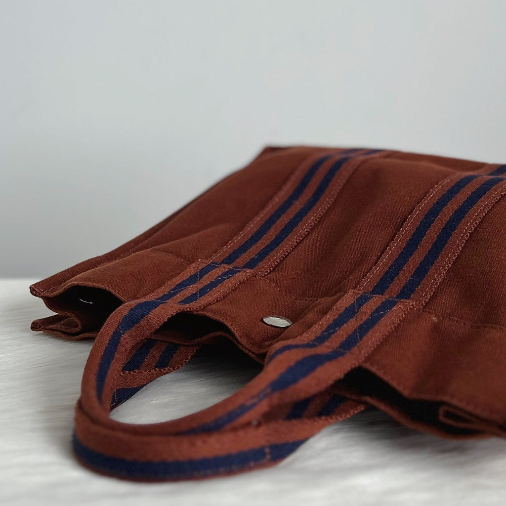 Hermes Brown Signature Stripe Detail Canvas Tote Bag Excellent