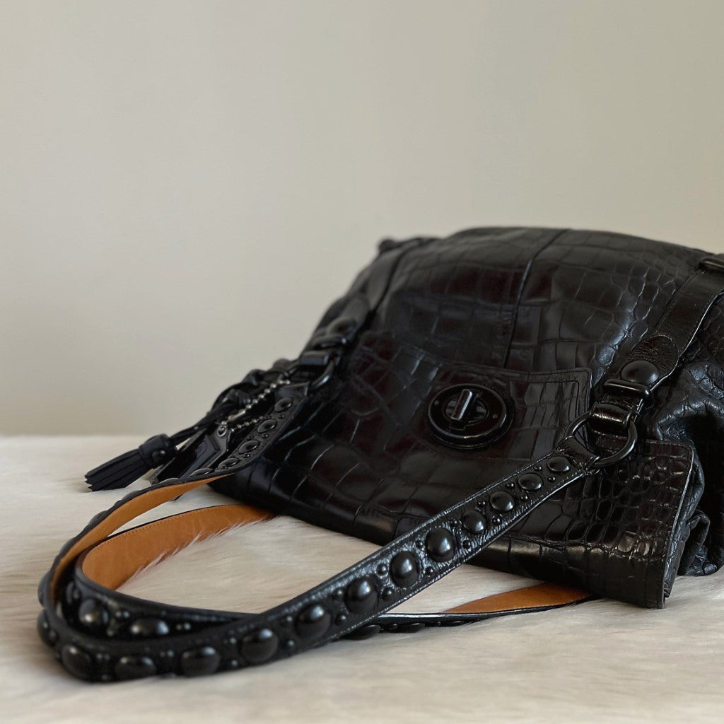 Coach Black Crocodile Print Leather Turn Lock Shoulder Bag