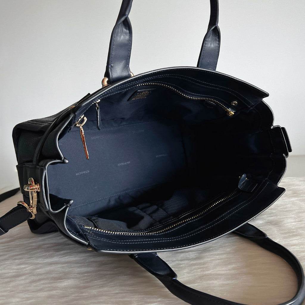 Coach Navy Leather Double Turn Lock Detail 2 Way Shoulder Bag Excellent