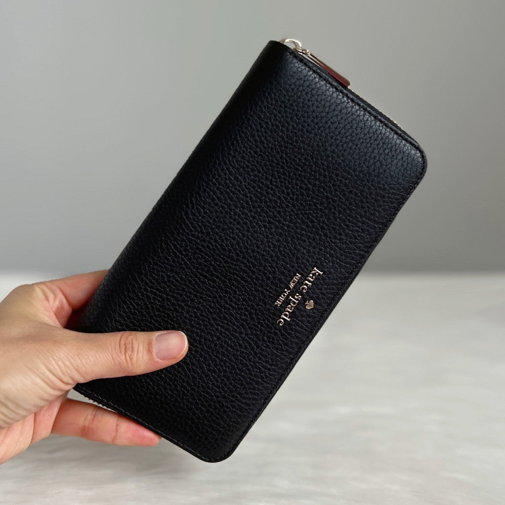 Kate Spade Black Leather Front Logo Zip Compartment Long Wallet Like New