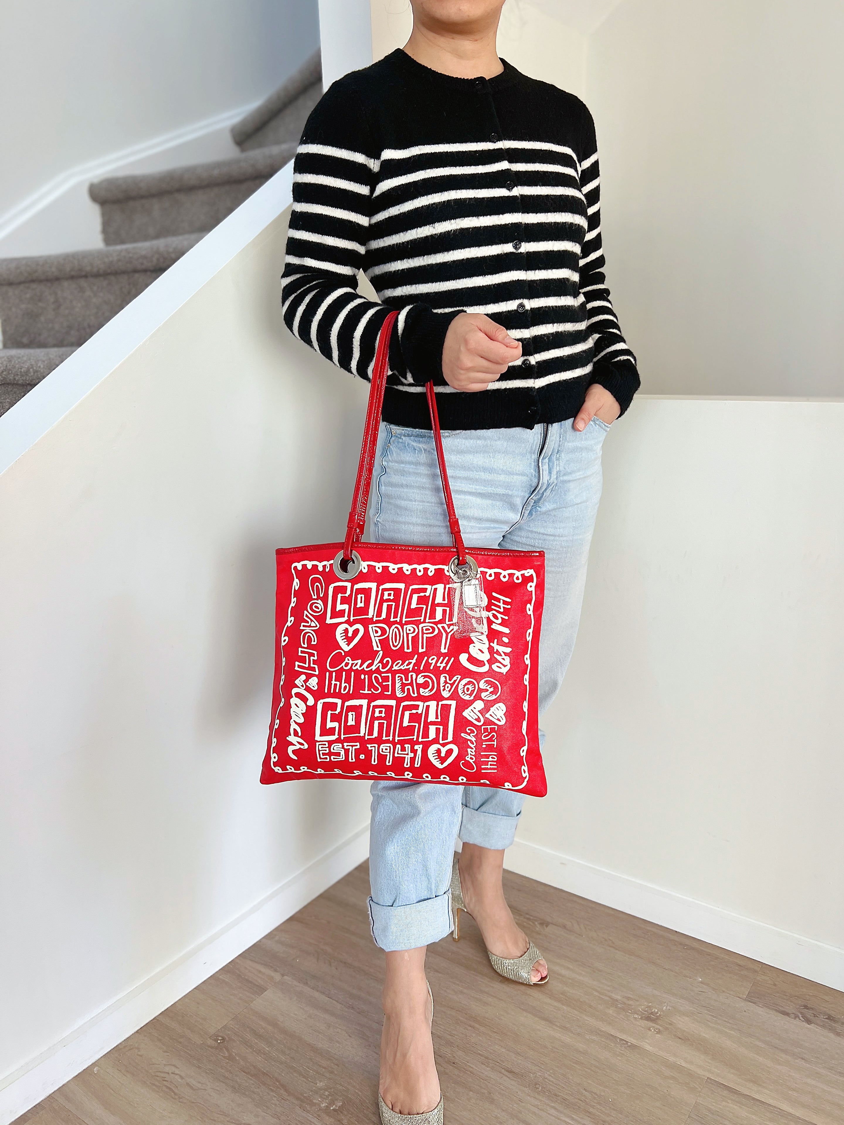 Coach Red Leather Trim Front Pattern Carryall Shoulder Bag Like New