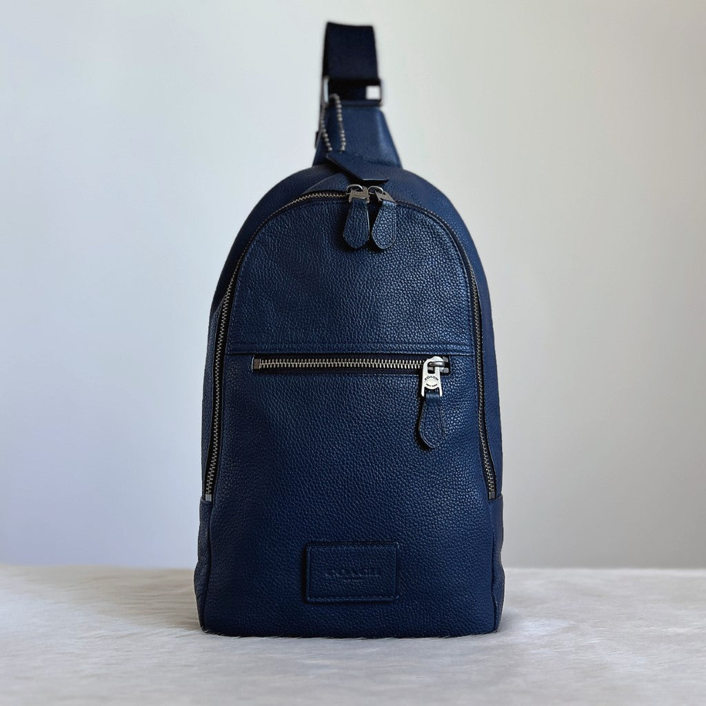 Coach Navy Leather Front Zip Pocket Unisex Backpack