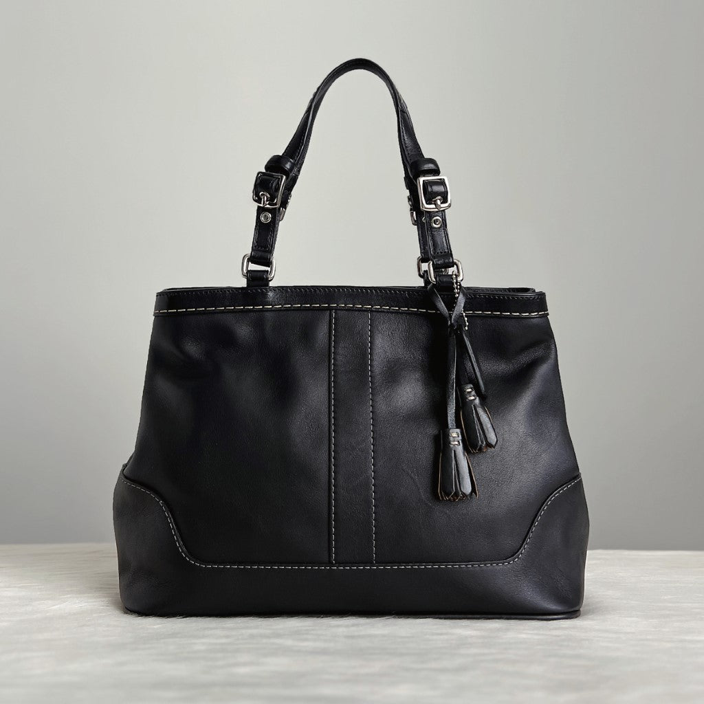 Coach Black Leather Tassel Charm Detail Tote Shoulder Bag Excellent