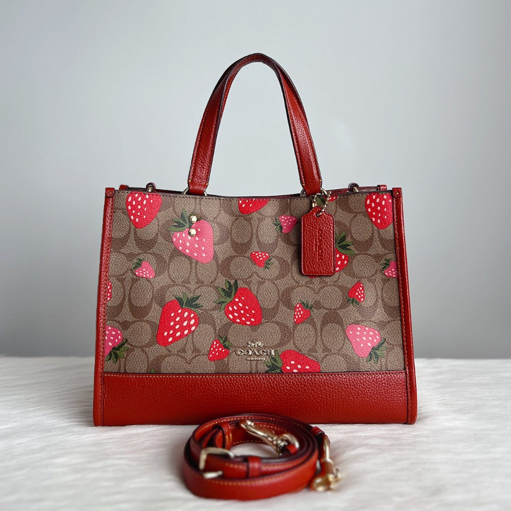 Coach Leather Monogram Strawberry Book Tote 2 Way Shoulder Bag Like New