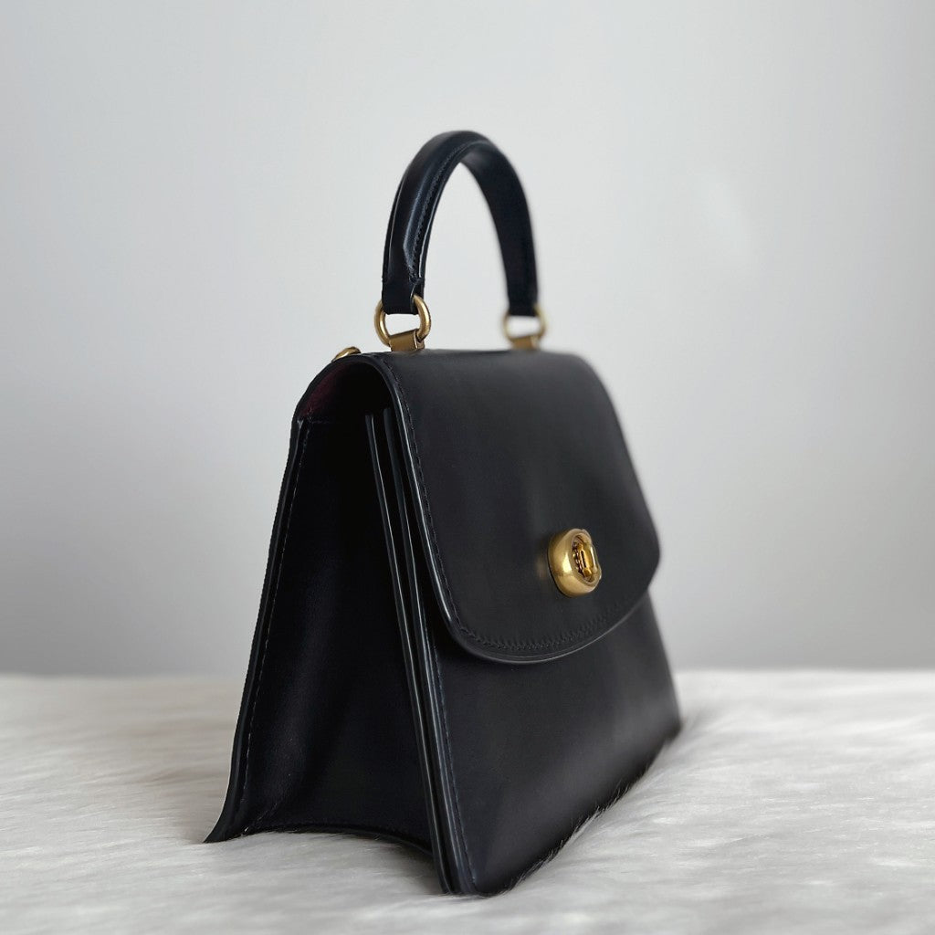 Coach Black Leather Double Compartment Turn Lock 2 Way Shoulder Bag Like New