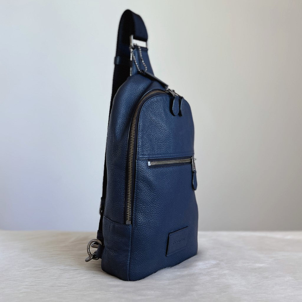 Coach Navy Leather Front Zip Pocket Unisex Backpack