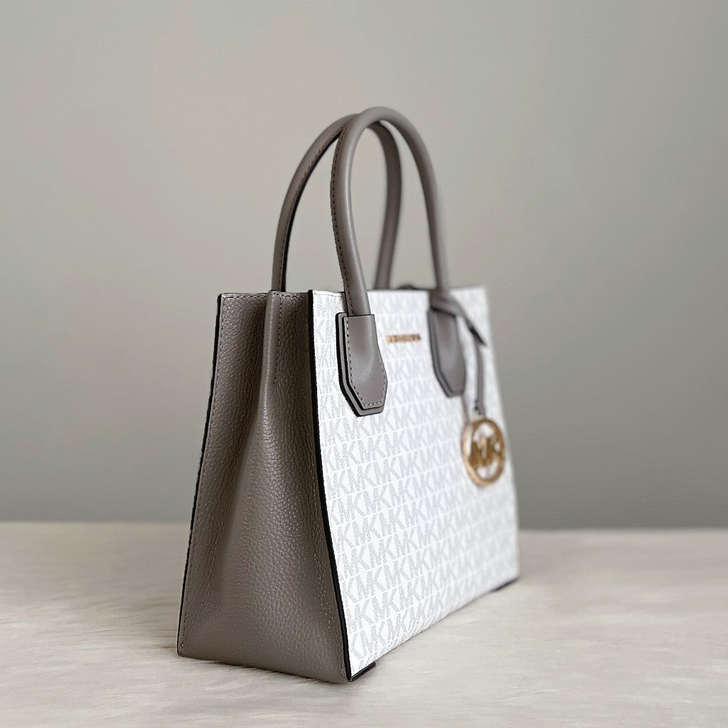 Michael Kors Grey Leather Monogram Triple Compartment 2 Way Shoulder Bag Like New