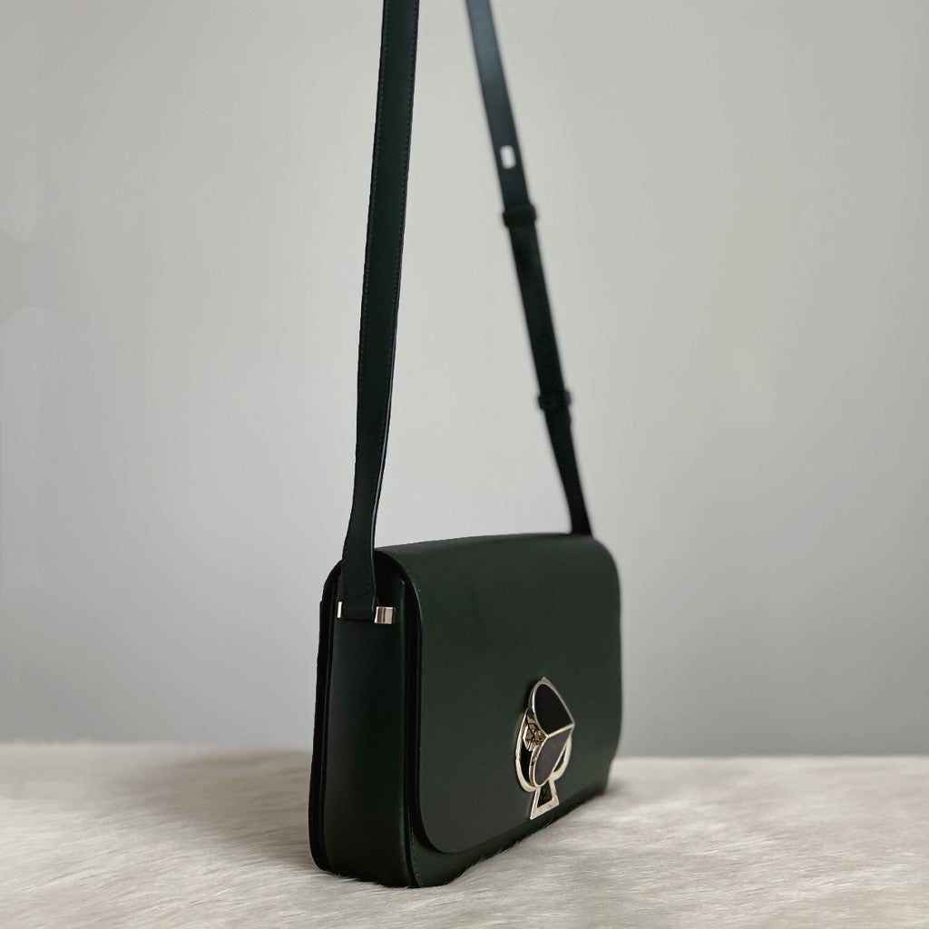 Kate Spade Dark Green Leather Heart Trun Lock Crossbody Shoulder Bag Excellent