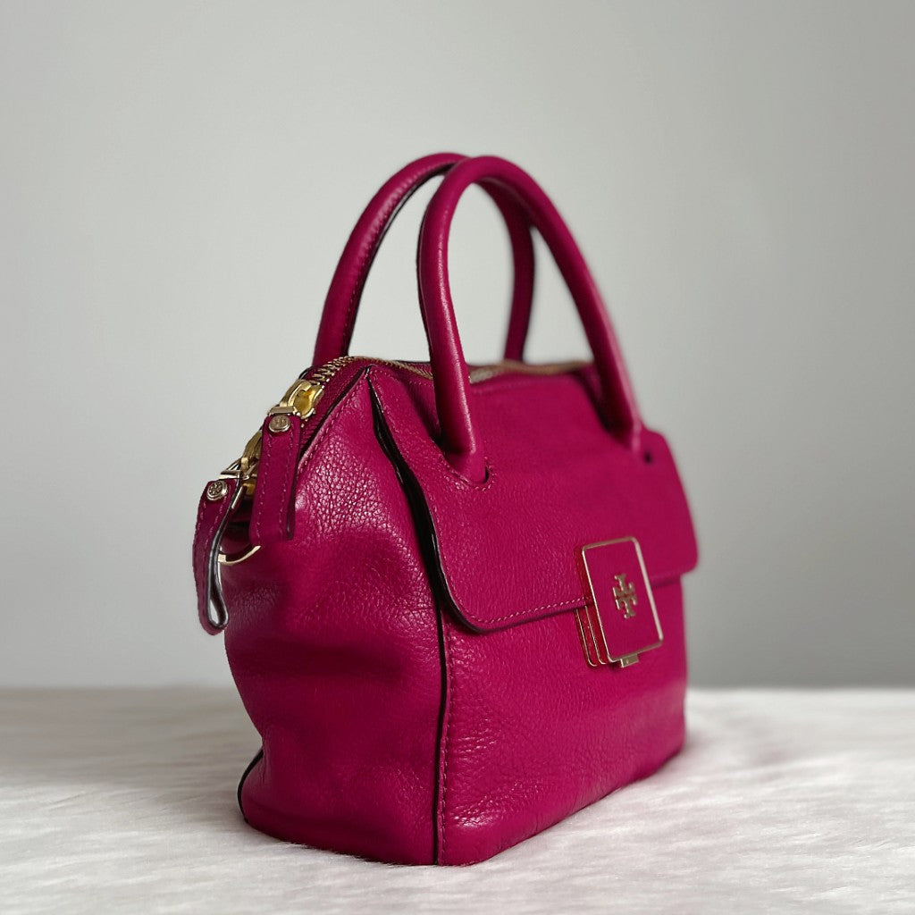 Tory Burch Fuchsia Leather Front Logo 2 Way Shoulder Bag Like New