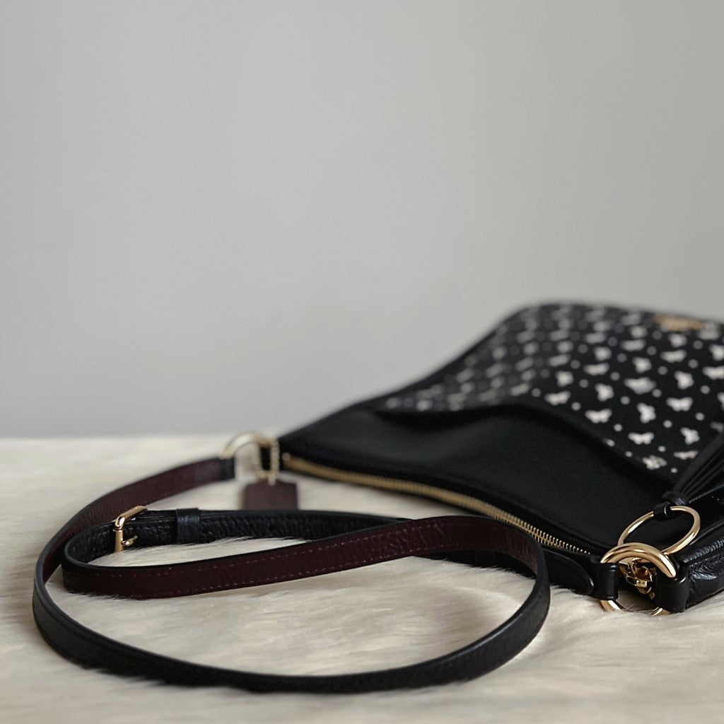 Coach Black Leather Butterfly Pattern Front Logo Crossbody Shoulder Bag Like New