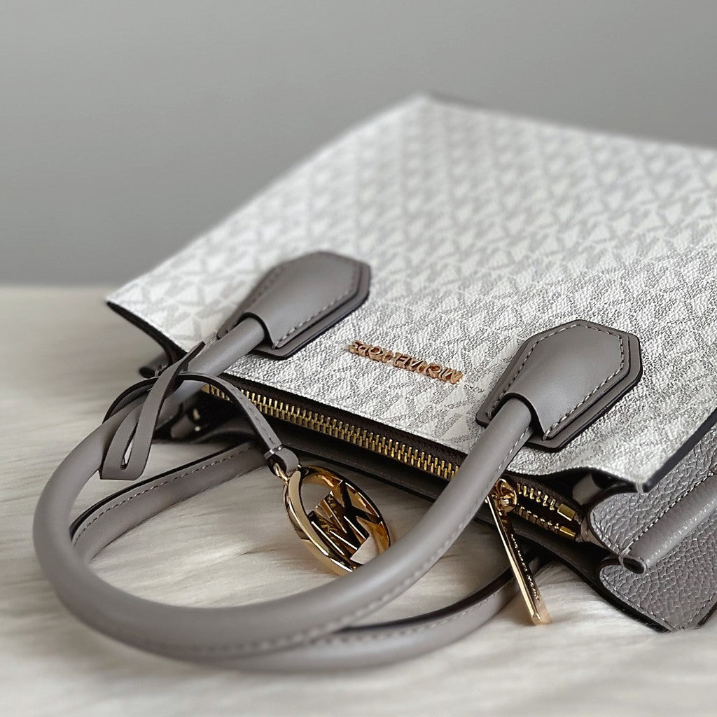 Michael Kors Grey Leather Monogram Triple Compartment 2 Way Shoulder Bag Like New