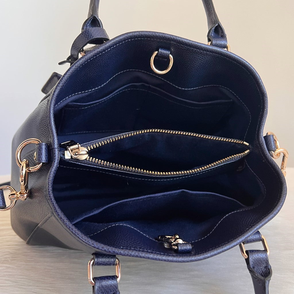 Coach Navy Leather Front Logo Triple Compartment 2 Way Shoulder Bag Excellent