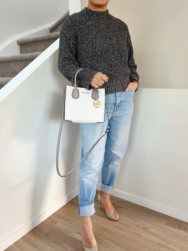 Michael Kors Grey Leather Monogram Triple Compartment 2 Way Shoulder Bag Like New