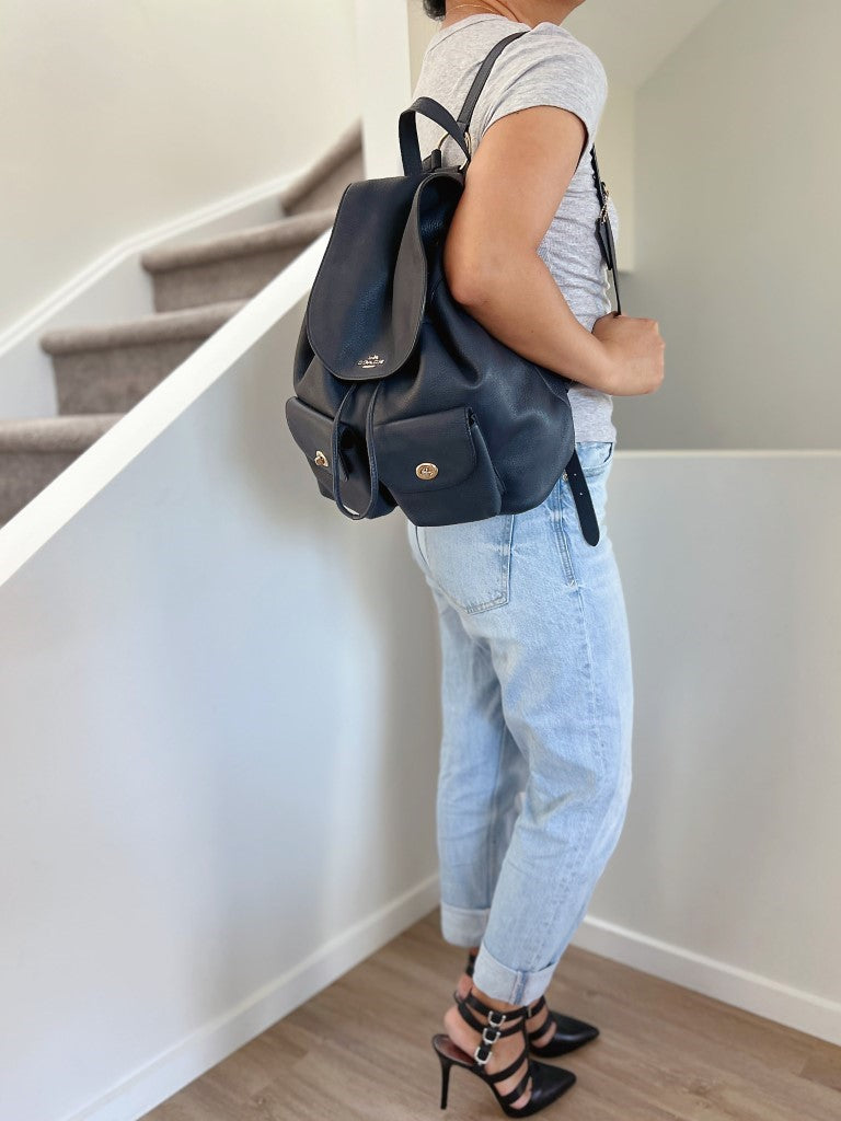 Coach Navy Leather Turn Lock Pocket Drawstring Backpack Like New