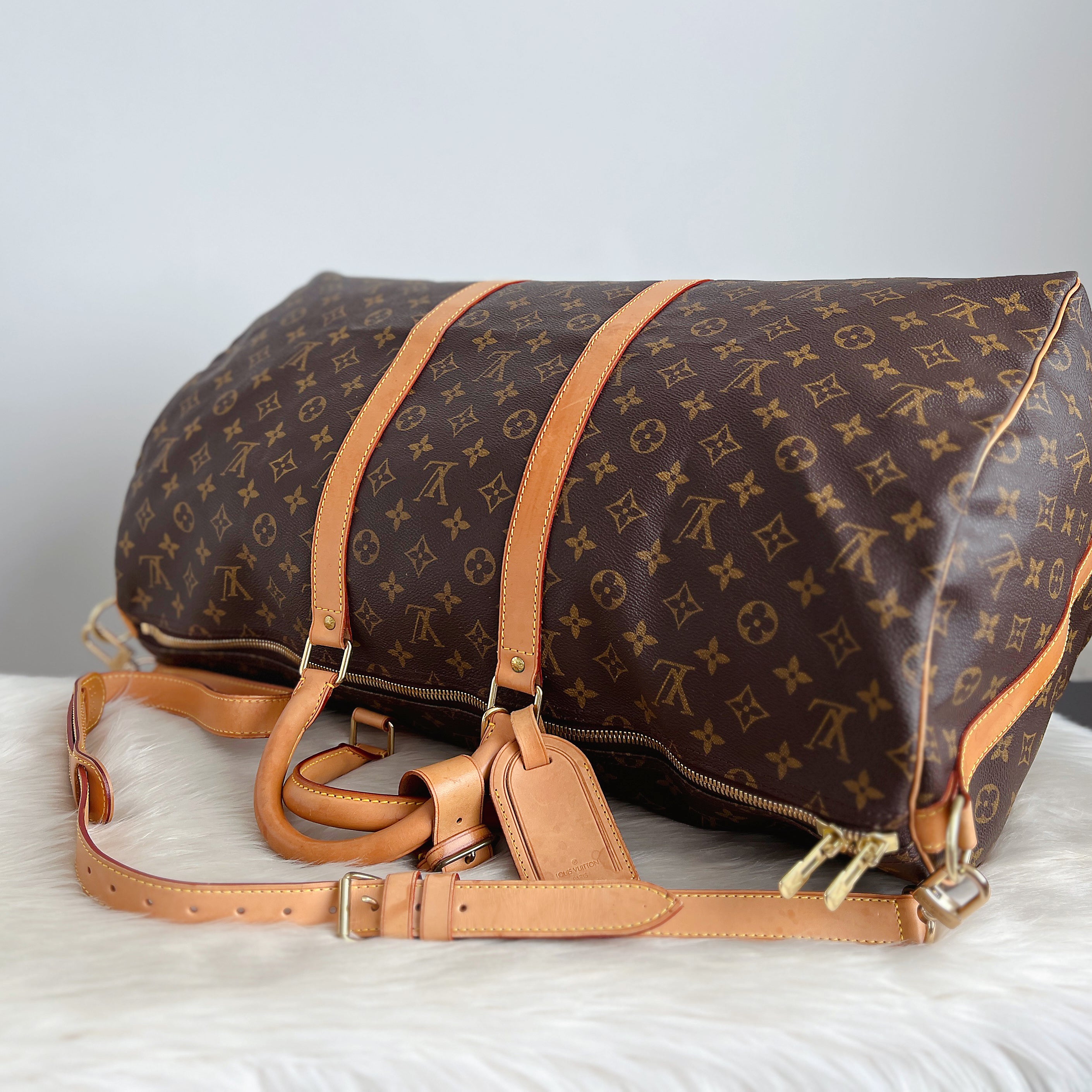 Louis Vuitton Signature Monogram Bandouliere Keepall 55 Travel Bag Full Set