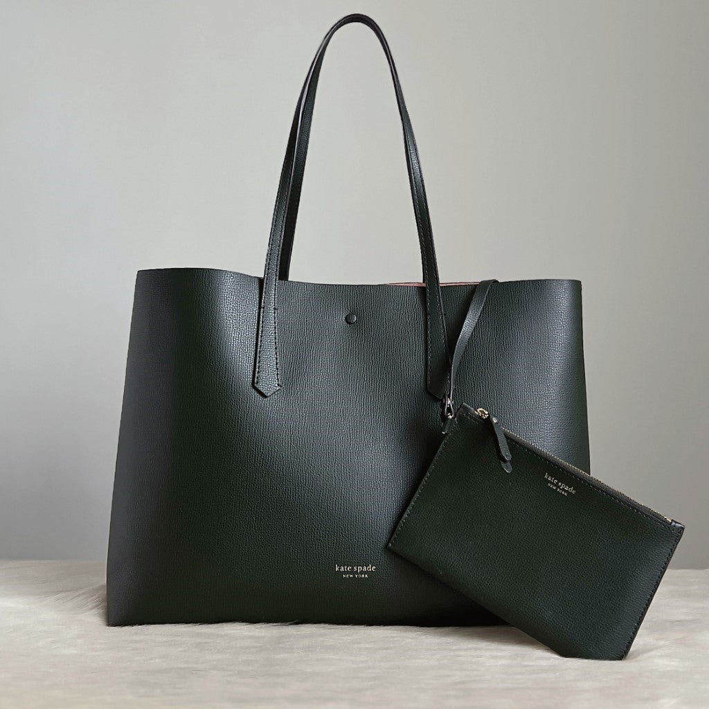 Kate Spade Dark Green Leather Large Shoulder Bag + Pouch Like New