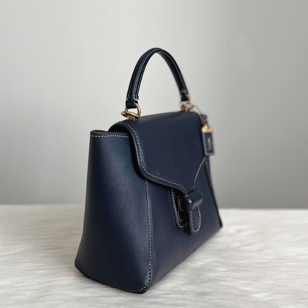 Coach Navy Leather Buckle Flap 2 Way Shoulder Bag Excellent
