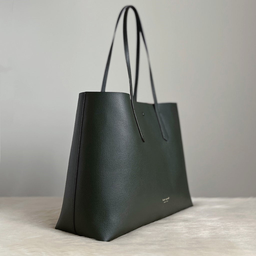 Kate Spade Dark Green Leather Large Shoulder Bag + Pouch Like New