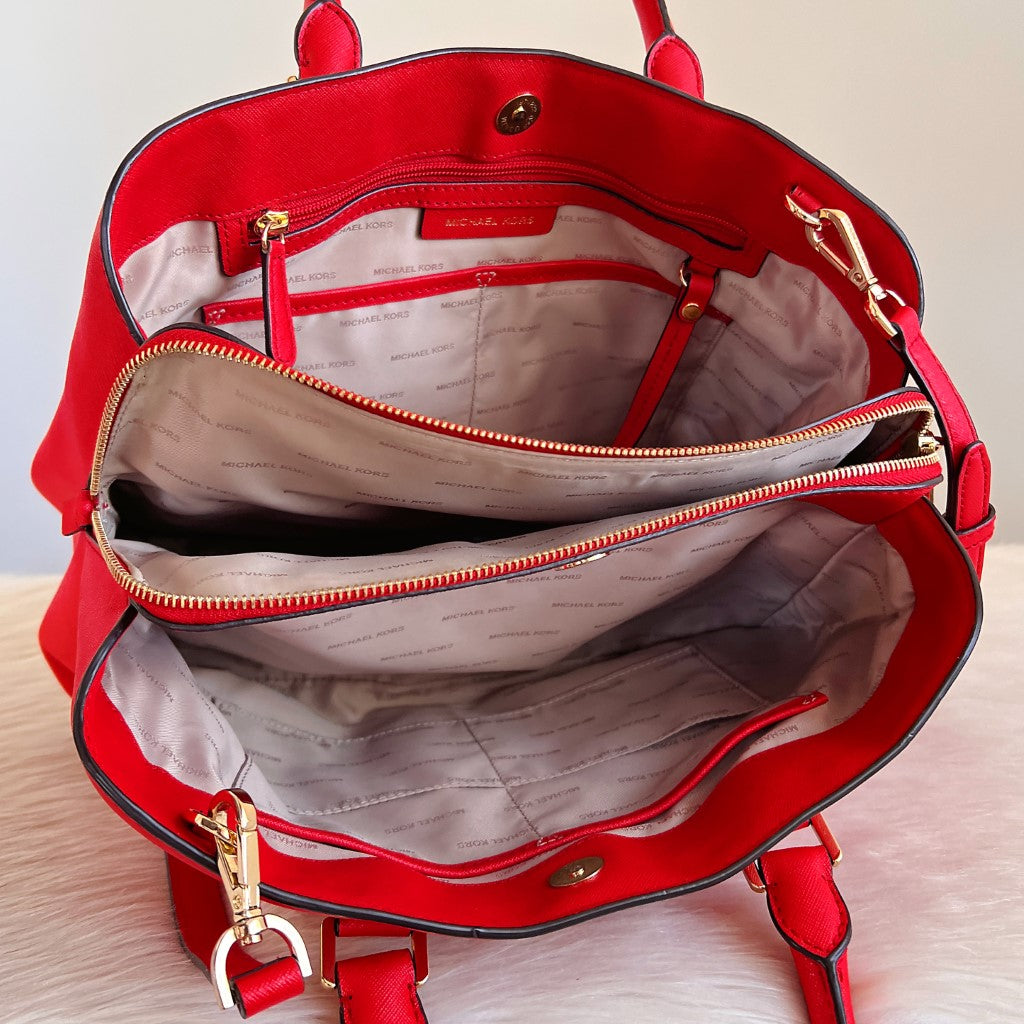 Michael Kors Red Leather Triple Compartment 2 Way Shoulder Bag Excellent