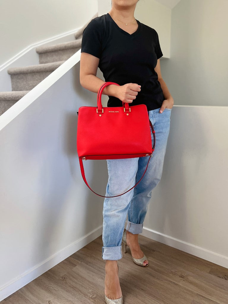 Michael Kors Red Leather Triple Compartment 2 Way Shoulder Bag Excellent