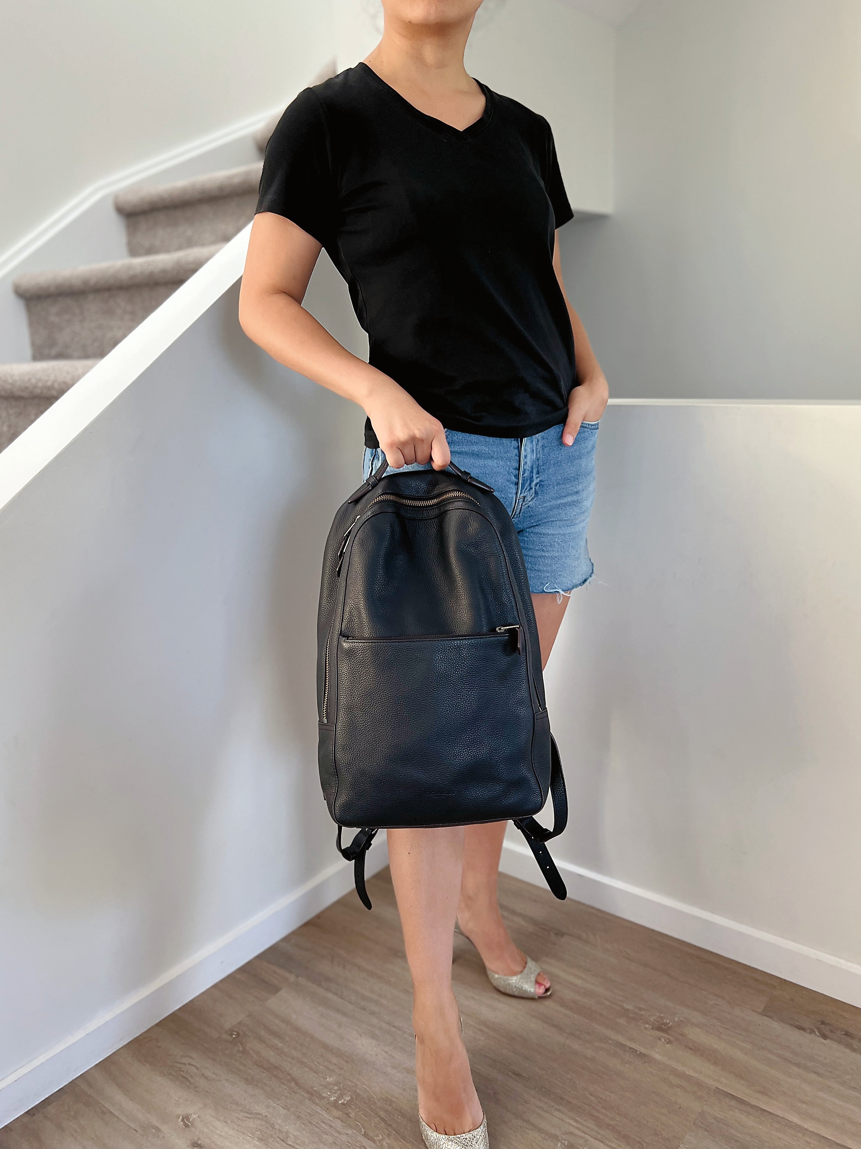 Coach Black Leather Front Zip Pocket Unisex Backpack Excellent