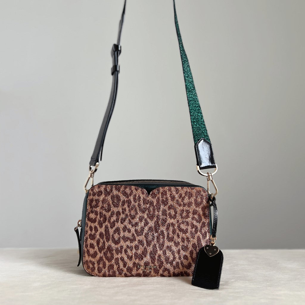 Kate Spade Metallic Green Leather Leopard Patchwork Crossbody Shoulder Bag Like New