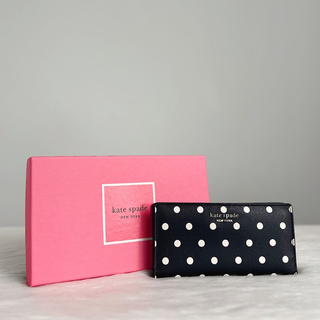 Kate Spade Black Leather Polka Dot Bi-Fold Long Wallet Like New