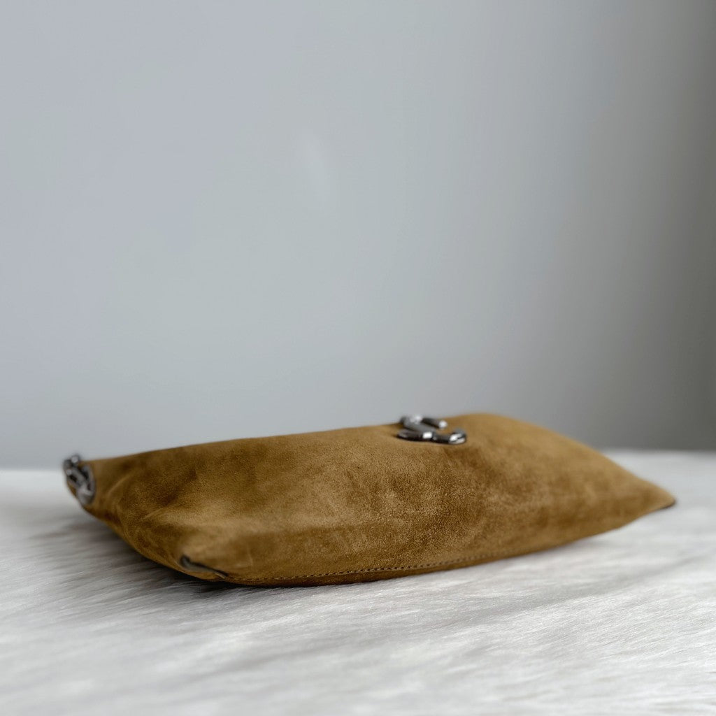 Jimmy Choo Olive Suede Front Logo Chain Detail Crossbody Shoulder Bag Excellent