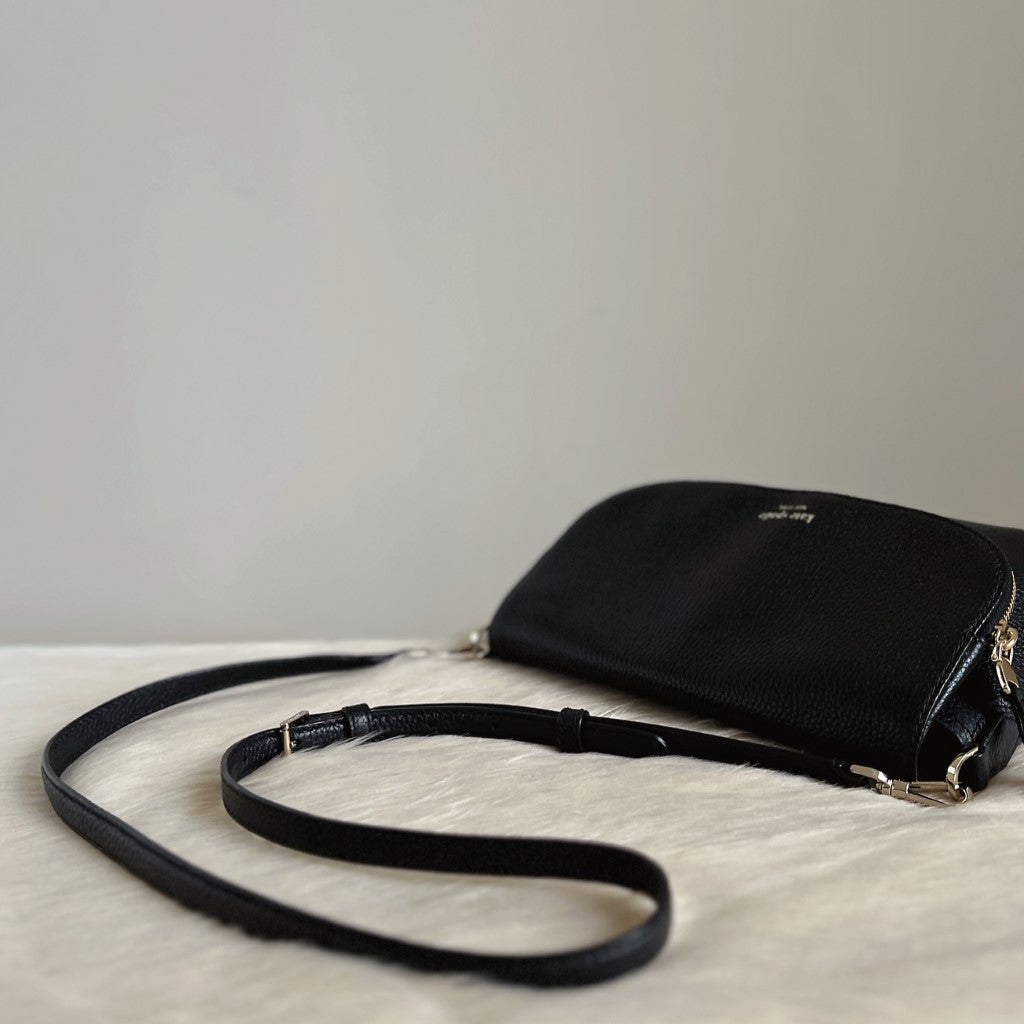 Kate Spade Black Leather Zipped Flap Front Logo Crossbody Shoulder Bag Like New