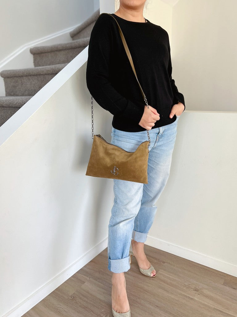 Jimmy Choo Olive Suede Front Logo Chain Detail Crossbody Shoulder Bag Excellent