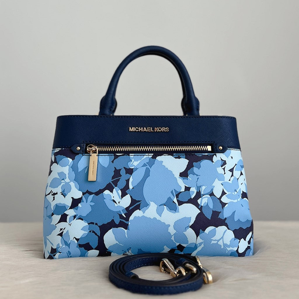 Michael Kors Navy Leather Floral Triple Compartment 2 Way Shoulder Bag Like New