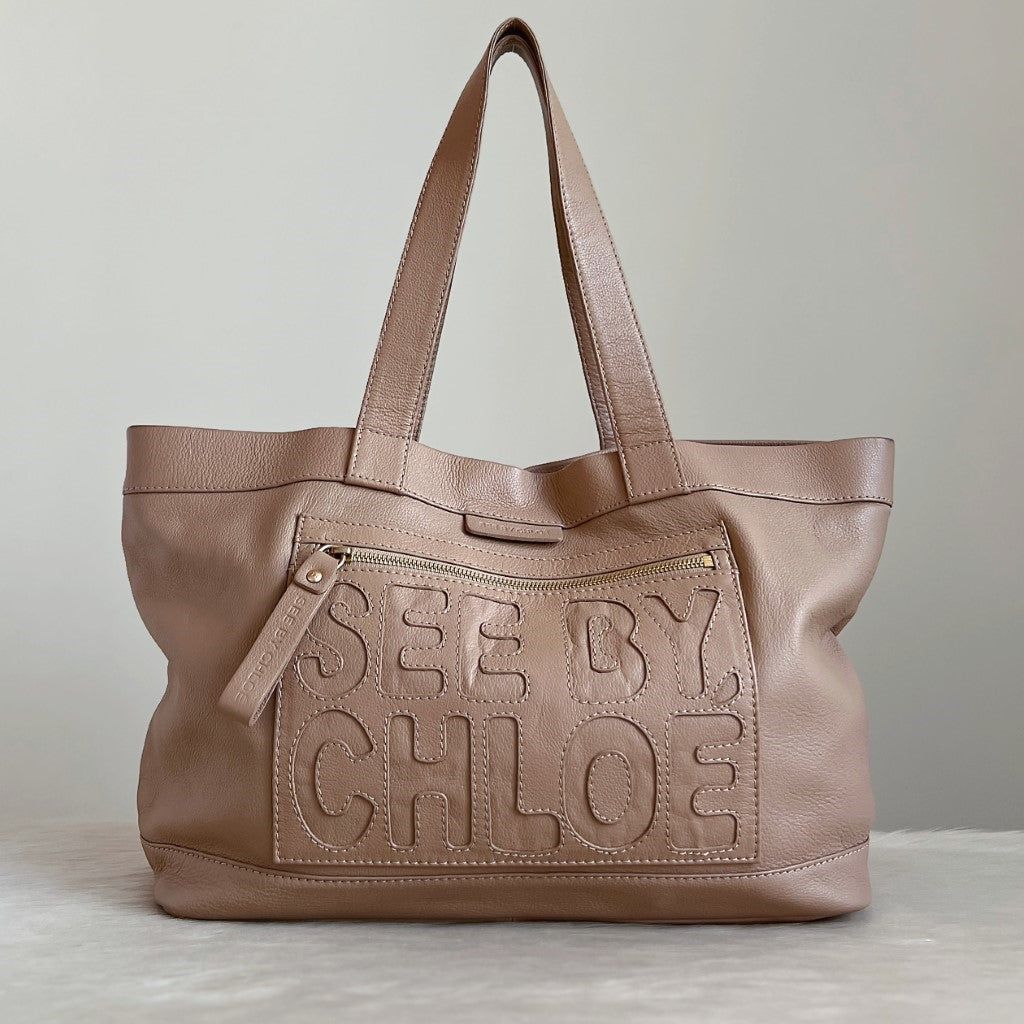 See by Chloe Beige Leather Embossed Logo Detail Carryall Shoulder Bag Excellent