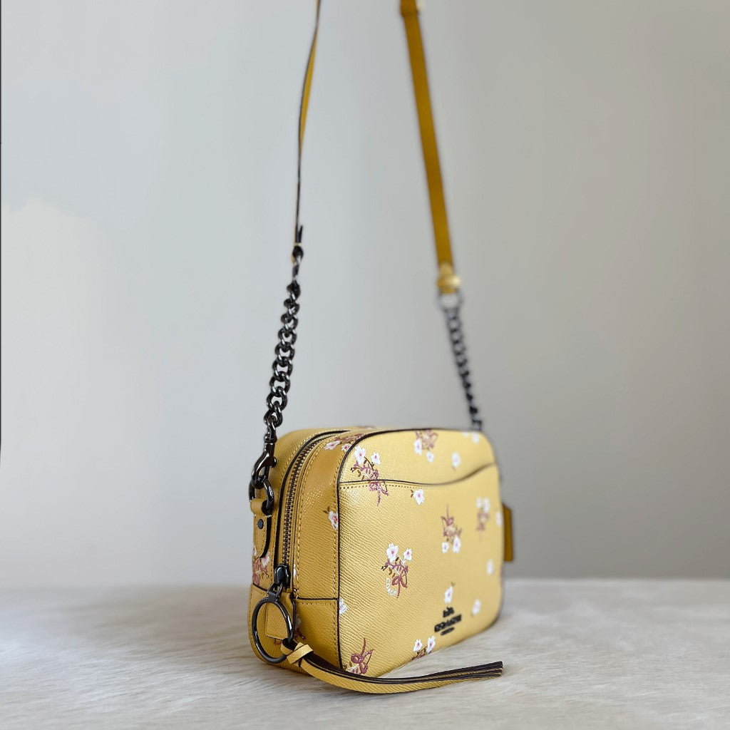 Coach Yellow Leather Floral Pattern Chain Detail Crossbody Shoulder Bag Like New