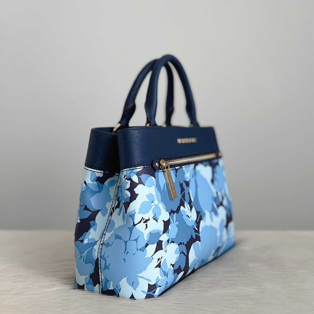 Michael Kors Navy Leather Floral Triple Compartment 2 Way Shoulder Bag Like New