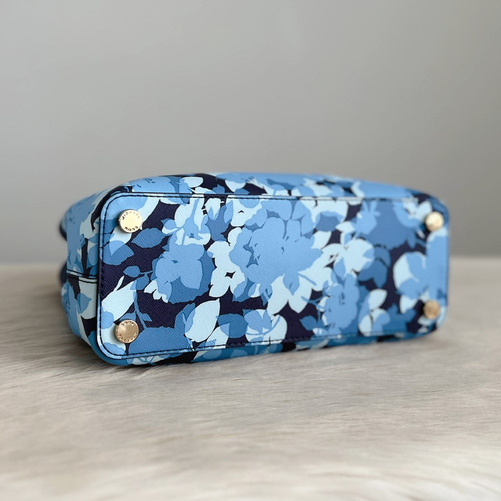 Michael Kors Navy Leather Floral Triple Compartment 2 Way Shoulder Bag Like New