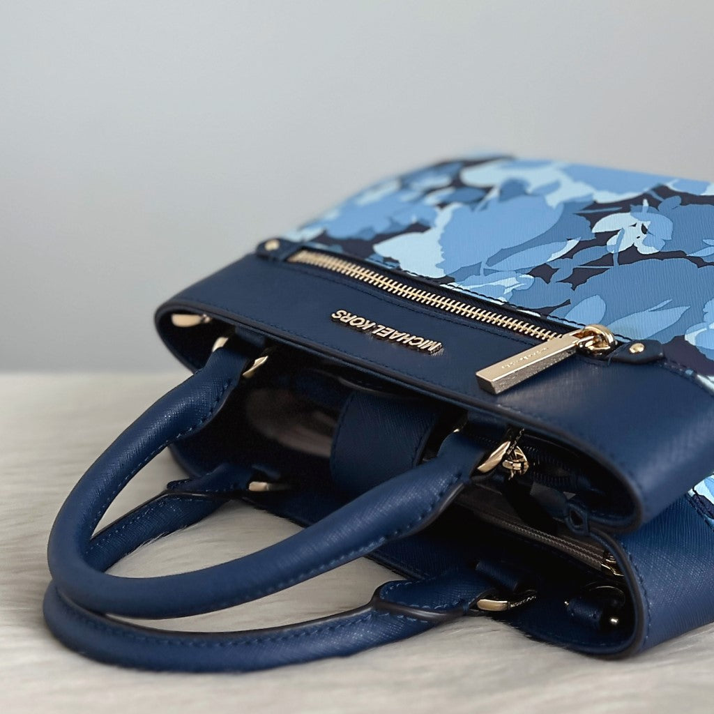Michael Kors Navy Leather Floral Triple Compartment 2 Way Shoulder Bag Like New